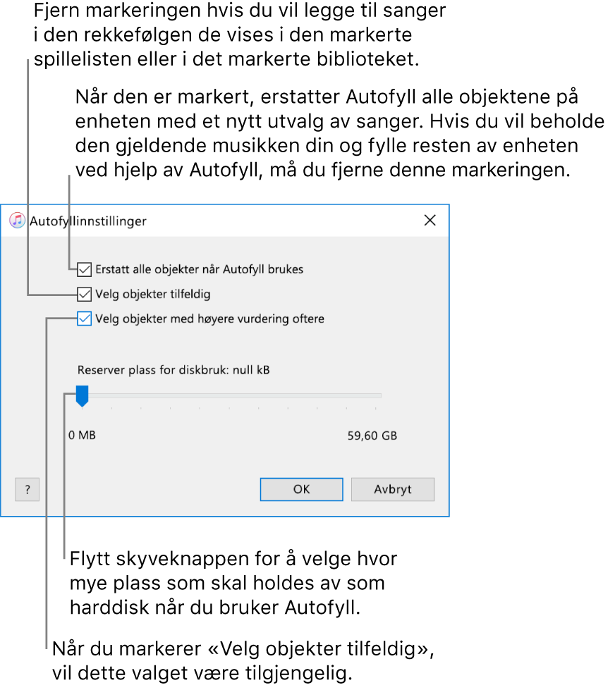 Dialogruten for Autofyll-innstillinger som viser fire valg, fra øverst til nederst. Hvis du har musikk på enheten og vil at Autofyll skal erstatte alle objektene med nye sanger, markerer du valget «Erstatt alle objekter når Autofyll brukes». Du kan også fjerne markeringen for å fylle opp den gjenværende plassen på enheten. Hvis du vil at sanger skal legges til i den rekkefølgen de vises i biblioteket eller den markerte spillelisten, fjerner du markeringen for «Velg objekter tilfeldig». Den neste alternativet, «Velg objekter med høyere vurdering oftere», er kun tilgjengelig når du velger «Velg objekter tilfeldig». Hvis du vil sette av plass for bruk som harddisk, justerer du skyveknappen for å angi diskkapasiteten.