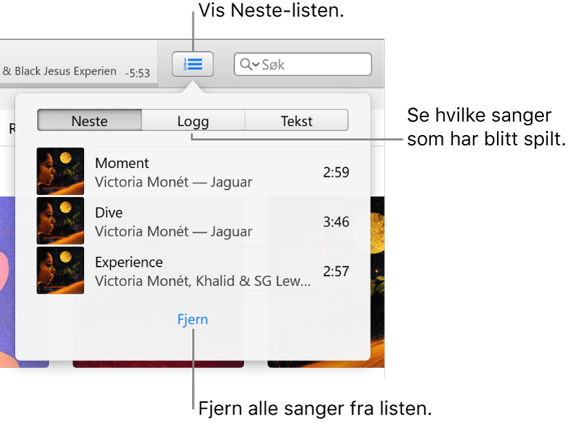 Neste-knappen i banneret som viser Neste-listen. Du kan vise Logg-knappen for å se listen Tidligere avspilte. Fjern-lenken nederst i Neste-listen brukes til å slette alle sanger fra listen.