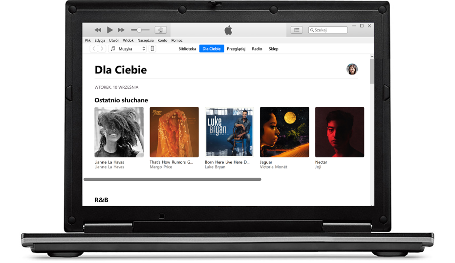 iPhone oraz komputer PC z ekranem Dla Ciebie w usłudze Apple Music.