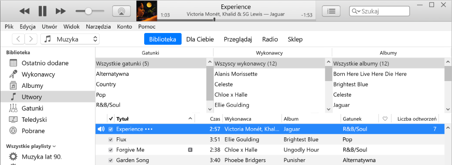 Okno główne iTunes: Przeglądarka kolumnowa znajduje się na prawo od paska bocznego oraz nad playlistą.