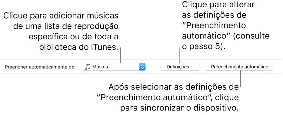 As opções de preenchimento automático na parte inferior do painel Música. Na extrema esquerda encontra-se o menu pop-up “Preencher automaticamente de”, onde pode escolher se pretende adicionar músicas de uma lista de reprodução ou da biblioteca inteira. Na extrema direita encontram-se dois botões: Definições, para alterar as várias opções de preenchimento automático, e Preenchimento automático. Quando clica neste botão, o dispositivo é preenchido com as músicas que satisfazem os critérios.