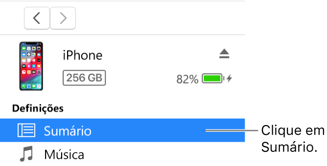 A janela Dispositivo, com a opção Sumário selecionada na barra lateral à esquerda.
