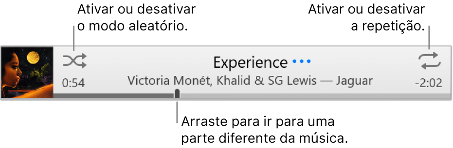 A faixa com uma música em reprodução. O botão “Modo aleatório” encontra-se no canto superior esquerdo e o botão Repetir no canto superior direito. Arraste o nivelador de deslocação para ir para uma parte diferente da música.