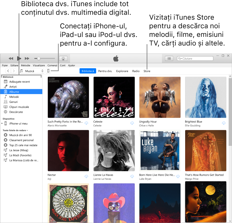 Vizualizare a ferestrei iTunes: Fereastra iTunes are două panouri. În stânga, este bara laterală Bibliotecă. Aceasta conține tot conținutul dvs. multimedia digital. În dreapta, în zona mai mare pentru conținut, puteți vedea o secțiune de elemente de care sunteți interesat(ă) - de exemplu, vizitați biblioteca dvs. sau pagina Pentru dvs., explorați noi melodii și clipuri video iTunes sau vizitați iTunes Store pentru a descărca noi melodii, filme, emisiuni TV, cărți audio și altele. În colțul din dreapta sus al barei laterale Bibliotecă, se află butonul Dispozitiv, care arată că iPhone‑ul, iPad‑ul sau iPod‑ul dvs. este conectat la PC.