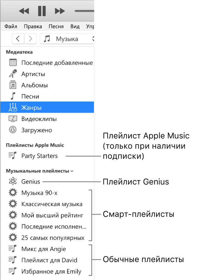 Боковое меню iTunes с различными типами плейлистов: Apple Music (только для подписчиков), Genius, смарт-плейлисты и стандартные плейлисты.