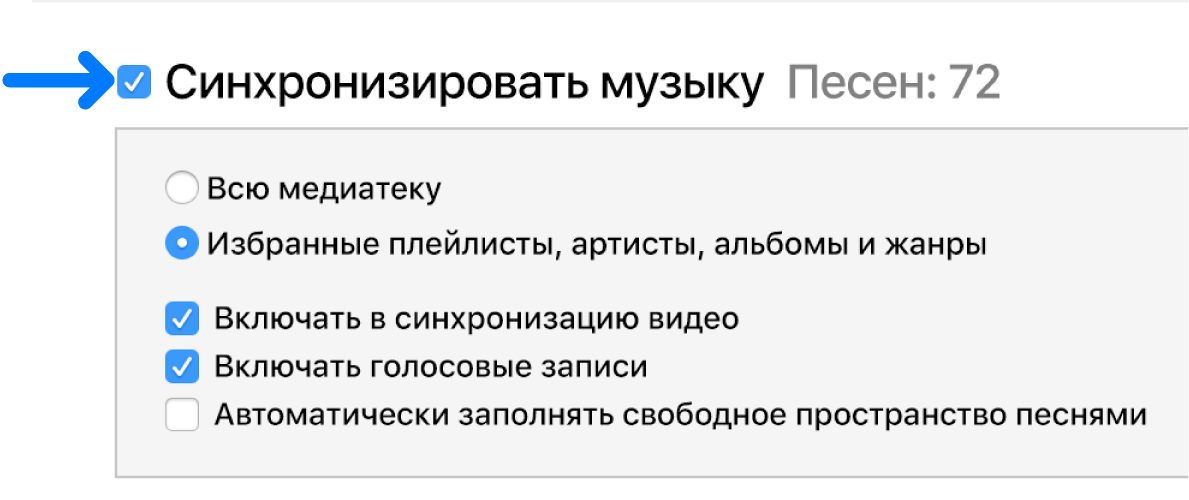 Возле левого верхнего угла выбрана вкладка «Синхронизировать музыку» с вариантами — синхронизировать всю медиатеку или только выбранные объекты.