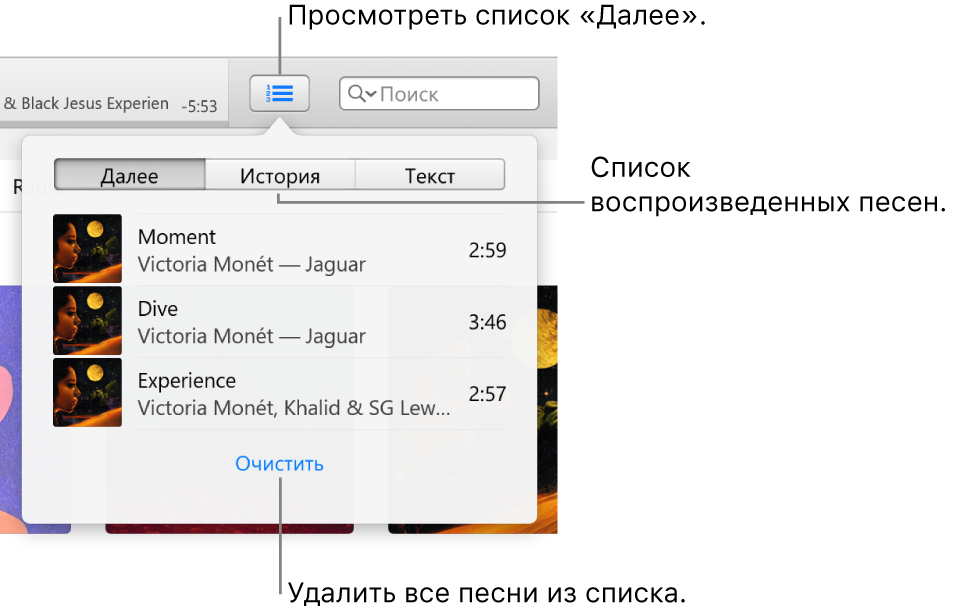 Кнопка «Далее» в баннере со списком «Далее». Вы можете нажать кнопку «История», в которой находится список «Ранее исполненные». Ссылка «Очистить» в нижней части списка «Далее» предназначена для удаления всех песен из списка.