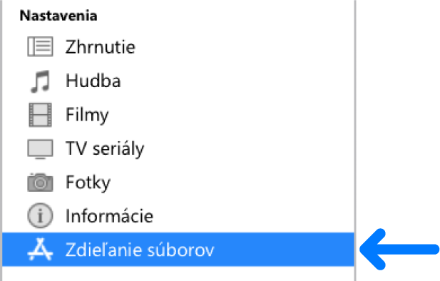 V Nastaveniach zariadeniach kliknite na Zdieľanie súborov, aby ste mohli prenášať súbory medzi počítačom a zariadením.