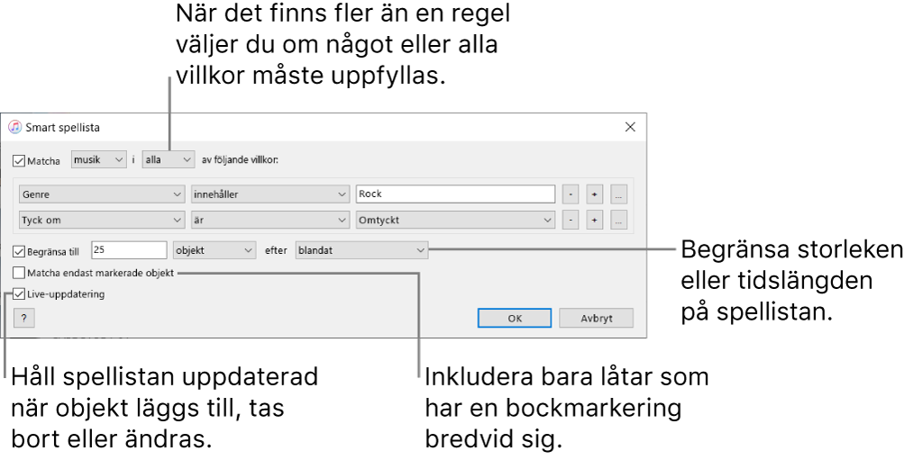 Fönstret Smart spellista: Markera Matcha uppe till vänster. Ange sedan villkor för spellistan (till exempel genre eller betyg). Fortsätt att lägga till eller ta bort regler. När det finns fler än en regel väljer du om ett eller alla villkor ska uppfyllas. Du kan markera olika alternativ nederst i fönstret. Du kan till exempel begränsa storleken eller tidslängden på spellistan, välja att endast låtar som är markerade ska tas med eller låta iTunes uppdatera spellistan allteftersom objekt i biblioteket ändras.
