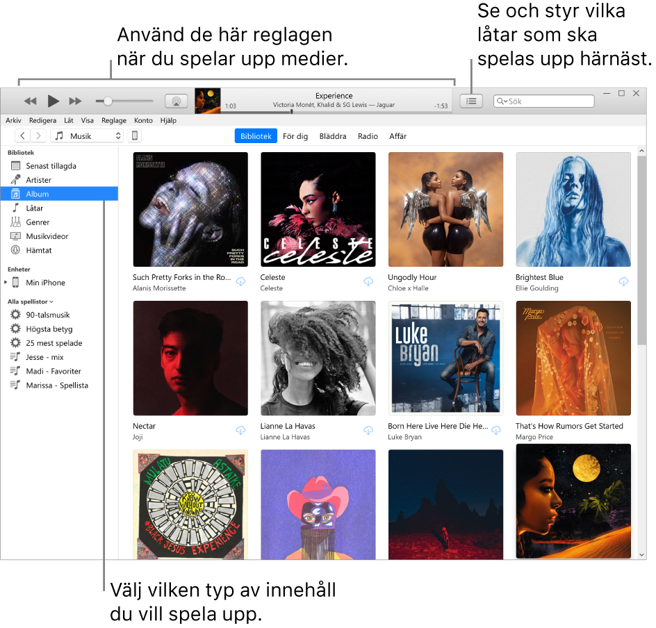 Huvudfönstret i iTunes-biblioteket: Välj typ av media som du vill spela upp i navigeraren (t.ex. Musik). Använd reglagen i banderollen överst till att spela upp det du valt, och använd popupmenyn Nästa till höger till att visa biblioteket på olika sätt.