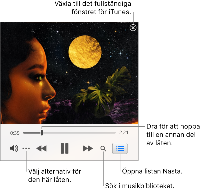 Den expanderade minispelaren som visar reglage för låten som spelas. I det övre högra hörnet finns stängningsknappen som du använder när du vill växla över till det fullstora iTunes-fönstret. Längst ned i fönstret finns ett reglage. Dra i det om du vill gå till en annan del av låten. Till vänster under reglaget finns merknappen där du kan välja visningsalternativ och andra alternativ för den låt som spelas. Längst till höger under reglaget finns två knappar – förstoringsglaset för att söka i musikbiblioteket och listan Nästa där du kan se vad som kommer att spelas härnäst.