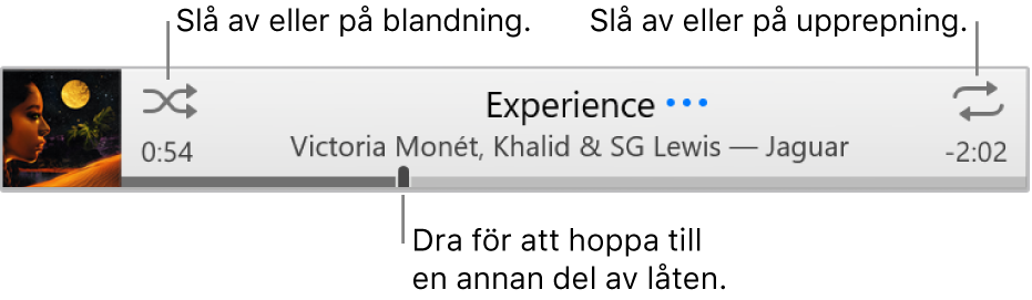 Banderollen med en låt som spelas. Längst upp till vänster finns blandningsknappen och längst upp till höger upprepningsknappen. Dra uppspelningssymbolen för att hoppa till en annan del av en låt.