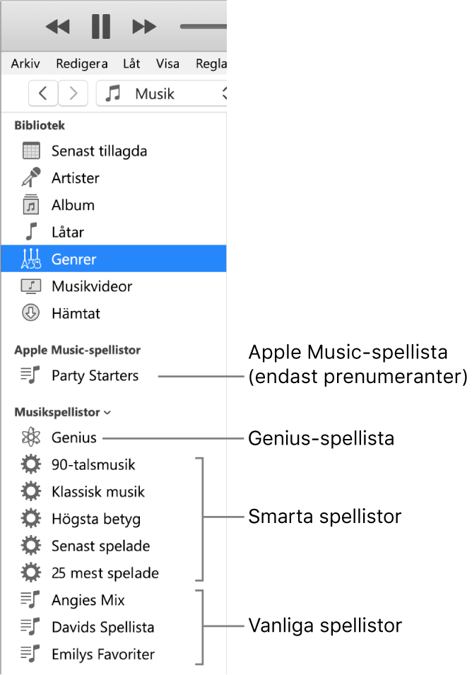 iTunes-sidofältet som visar de olika typerna av spellistor: Apple Music (endast prenumeranter), Genius-spellistor, smarta spellistor och vanliga spellistor.