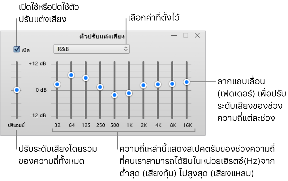 หน้าต่างตัวปรับแต่งเสียง: กล่องกาเครื่องหมายเพื่อเปิดตัวปรับแต่งเสียง iTunes อยู่ที่มุมด้านซ้ายบน ถัดจากกล่องข้อความคือเมนูที่แสดงขึ้นพร้อมค่าที่ตั้งไว้ของตัวปรับแต่งเสียง ในด้านซ้ายถัดออกไป ให้ปรับระดับเสียงโดยรวมของความถี่ด้วยปรีแอมป์ ด้านล่างค่าที่ตั้งไว้ของตัวปรับแต่งเสียง ให้ปรับระดับเสียงของช่วงความถี่ที่ต่างกันซึ่งแสดงถึงสเปกตรัมการได้ยินของมนุษย์จากต่ำสุดไปสูงสุด