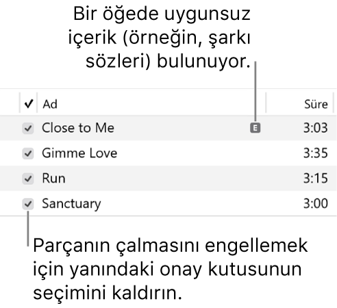 Müzikteki Parçalar görüntüsünün ayrıntıları; solda onay kutularını ve ilk parçanın (şarkı sözü gibi uygunsuz içeriğe sahip olduğunu belirten) uygunsuz sembolünü gösteriyor Bir parçanın çalmasını engellemek için yanındaki onay kutusunun seçimini kaldırın.