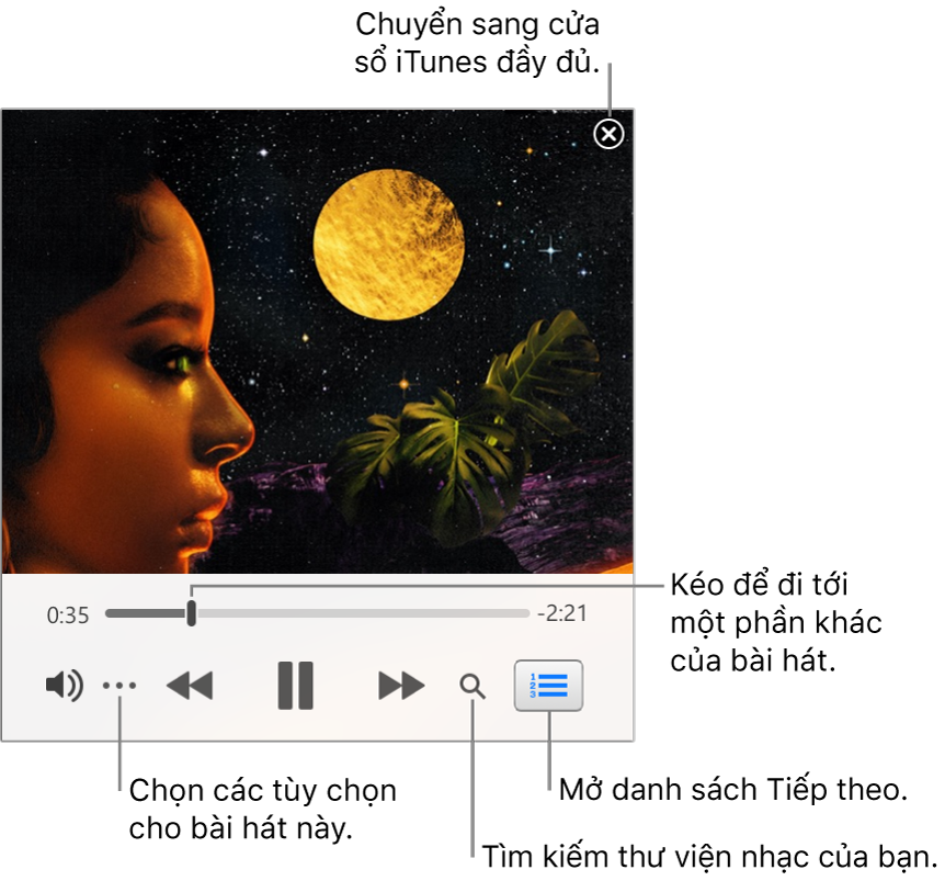 MiniPlayer được mở rộng hiển thị các điều khiển cho bài hát đang phát. Ở góc trên bên phải là nút đóng, được sử dụng để chuyển sang cửa sổ iTunes đầy đủ. Ở cuối cửa sổ là thanh trượt mà bạn có thể kéo để đi tới một phần khác của bài hát. Bên dưới thanh trượt ở bên trái là nút Thêm, tại đây bạn có thể chọn các tùy chọn xem và các tùy chọn khác cho bài hát đang phát. Ở phía ngoài cùng bên phải bên dưới thanh trượt là hai nút – Kính lúp để tìm kiếm trong thư viện nhạc và danh sách Tiếp theo để xem bài nào sẽ phát tiếp theo.