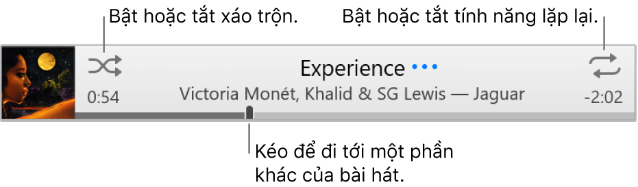 Biểu ngữ có bài hát đang phát. Nút Xáo trộn ở góc trên bên trái; nút Lặp lại ở góc trên bên phải. Kéo thanh thời gian để đi tới phần khác của bài hát.