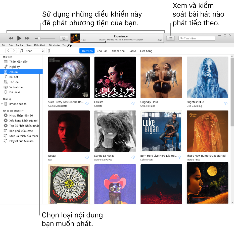 Cửa sổ chính của Thư viện iTunes: Trong trình điều khiển, chọn loại phương tiện sẽ phát (chẳng hạn như Nhạc). Sử dụng các điều khiển trong biểu ngữ ở trên cùng để phát phương tiện của bạn và sử dụng menu bật lên Tiếp theo ở bên phải để xem thư viện theo những cách khác nhau.