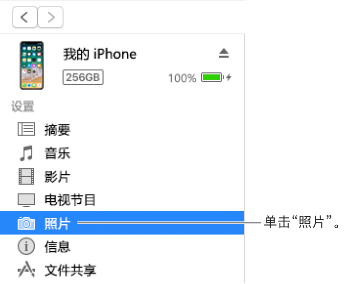 “设备”窗口，左侧边栏的“照片”已选中。