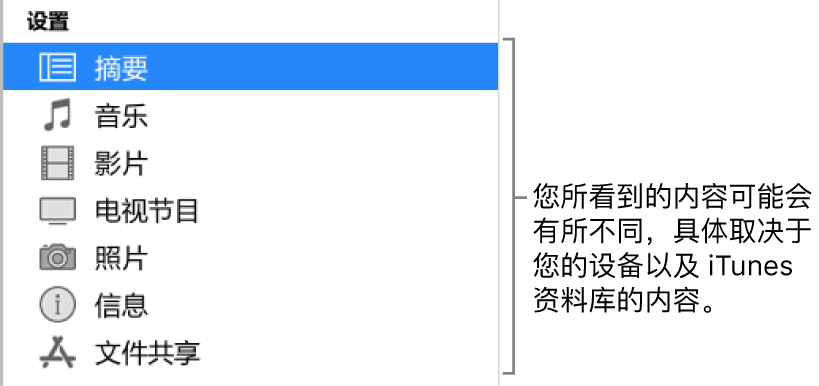 左侧边栏中“摘要”已选中。所显示的内容类型因您设备和 iTunes 资料库中内容的不同而有所不同。