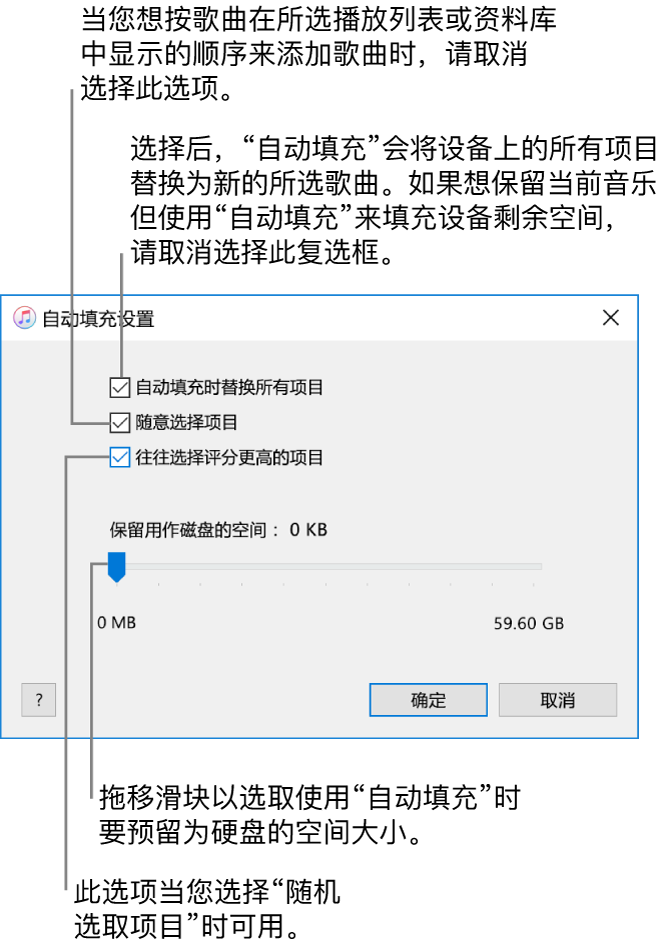 “自动填充设置”对话框从上到下共有四个选项。如果设备上有音乐并想让“自动填充”用新歌曲替换所有项目，请选择选项“自动填充时替换所有项目”；否则取消选择以填充设备上的剩余空间。若想按资料库或所选播放列表的顺序来添加歌曲，请取消选择“随意选择项目”选项。下一个“往往选择评分更高的项目”选项，仅在您选择了“随意选择项目”选项后可用。如果您想预留部分空间作为硬盘使用，请调整滑块以设定磁盘容量。