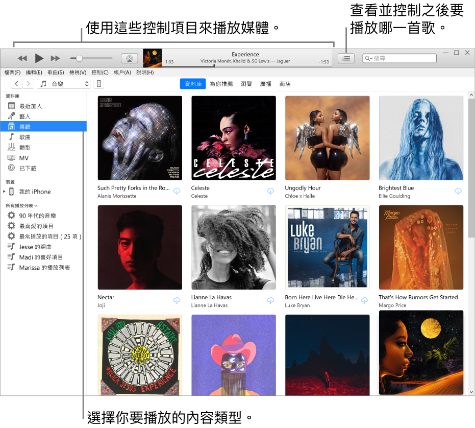 iTunes 資料庫主視窗：在導覽器中，選擇要播放的媒體類型（例如「音樂」）。使用最上方橫幅中的控制項目來播放媒體，以及使用右側的「待播清單」彈出式選單來以不同方式檢視你的資料庫。