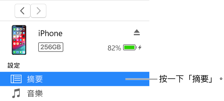 「裝置」視窗，在左側側邊欄選取了「摘要」。