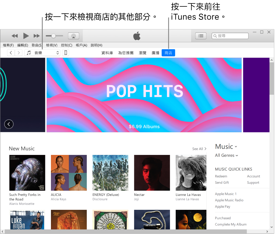 iTunes Store 主視窗：在導覽列中，「商店」已醒目標示。在左上角，選擇以在「商店」中檢視不同內容（例如「音樂」或「電視」）。