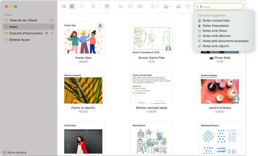 Notes a la visualització en galeria amb el contingut de cada nota en una miniatura. Les cerques suggerides es mostren a la l’angle superior dret, com ara les notes bloquejades i les notes amb arxius adjunts.