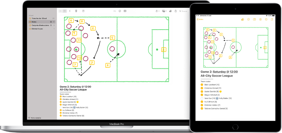 Un Mac i un iPad que mostren la mateixa nota de l’iCloud.