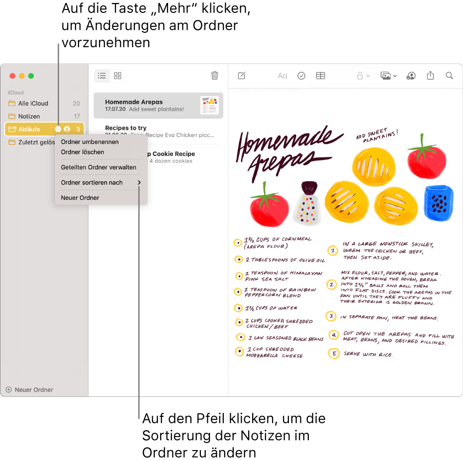 Das Fenster der App „Notizen“ mit nur einem Ordner in der Seitenleiste und der Taste „Mehr“, über die du Änderungen an einem Ordner vornehmen kannst. Über der Liste der Notizen in der Mitte ist die Option „Sortieren“ zu sehen, mit der die Reihenfolge der Notizen geändert werden kann. Klicke auf den Pfeil, um eine andere Sortierfolge auszuwählen.