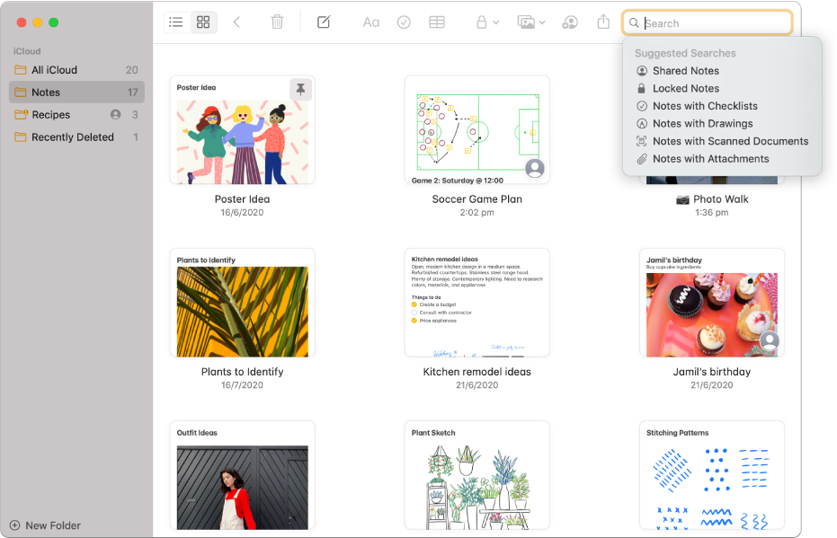 Notes in gallery view — showing the content of each in a thumbnail. Suggested searches appear in the top-right corner, such as locked notes and notes with attachments.