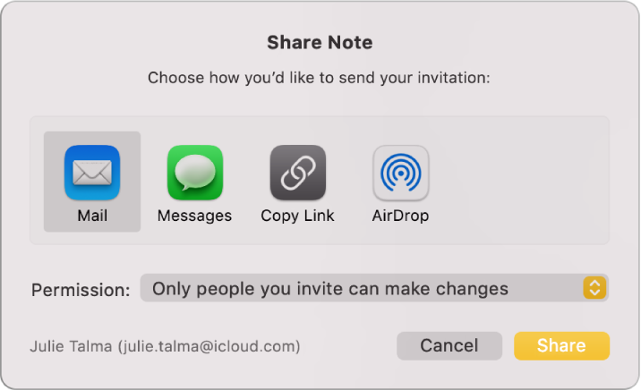 The Share Note dialogue, where you can choose how to send the invitation to share a note.