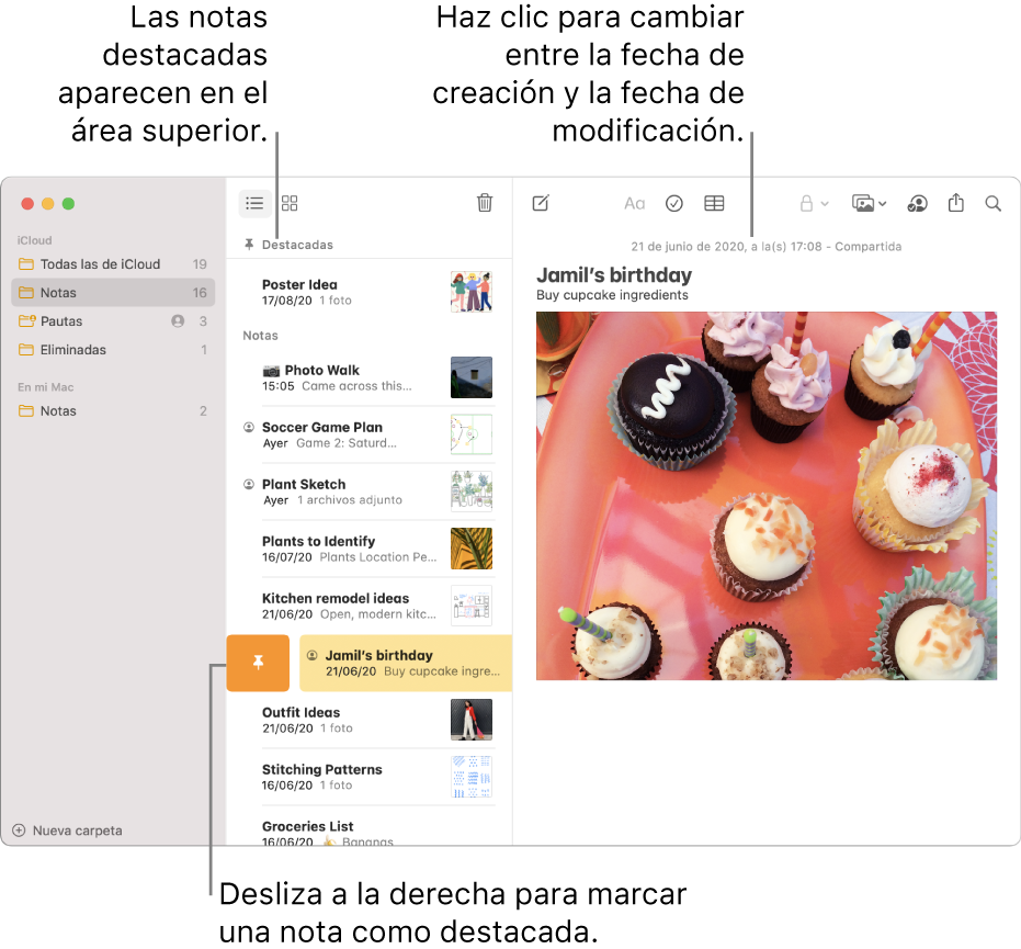 La ventana de Notas con la lista de notas en medio, notas ancladas en la parte superior de la lista de notas y el botón de Anclar en una nota. El contenido de esa nota aparece a la derecha con la fecha en la parte superior; haz clic en la fecha para cambiar entre la fecha creada y la fecha editada.