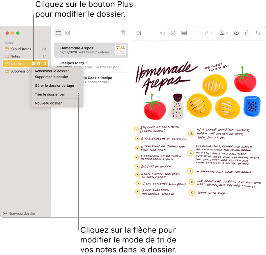 La fenêtre Notes avec un dossier dans la barre latérale affichant le bouton Plus, qui permet d’apporter des modifications à un dossier. Au-dessus de la liste des notes, au milieu, se trouve l’option de tri, qui permet de modifier l’ordre d’affichage des notes. Cliquez sur la flèche pour sélectionner un autre ordre de tri.