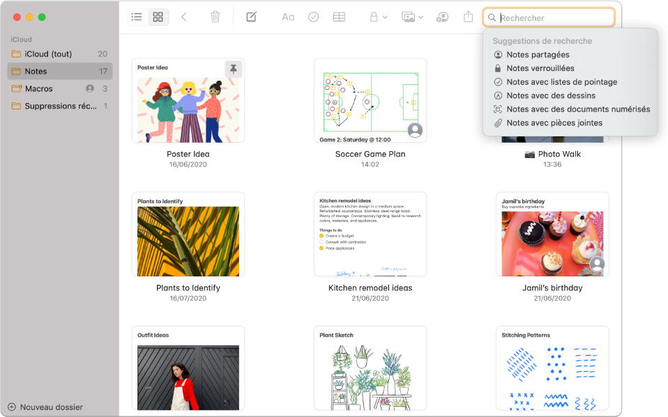 Notes en présentation par galerie, présentant le contenu de chaque note dans une vignette. Les suggestions de recherche s’affichent dans le coin supérieur droit, telles que les notes verrouillées et les notes avec pièces jointes.