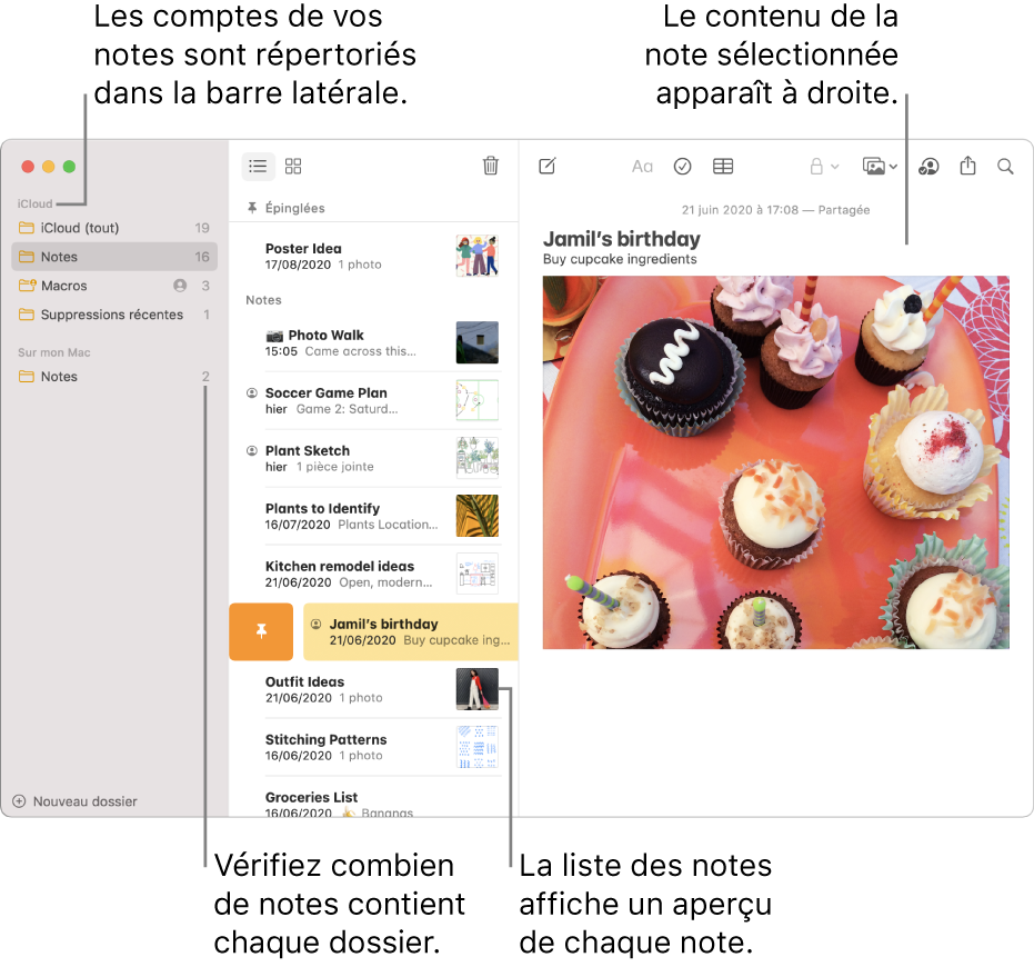 La fenêtre Notes avec tous vos comptes configurés et dossiers répertoriés dans la barre latérale sur la gauche, la liste des notes au milieu avec un aperçu de chaque note et le contenu de la note sélectionnée sur la droite. Le nombre de notes apparaît à côté de chaque dossier.