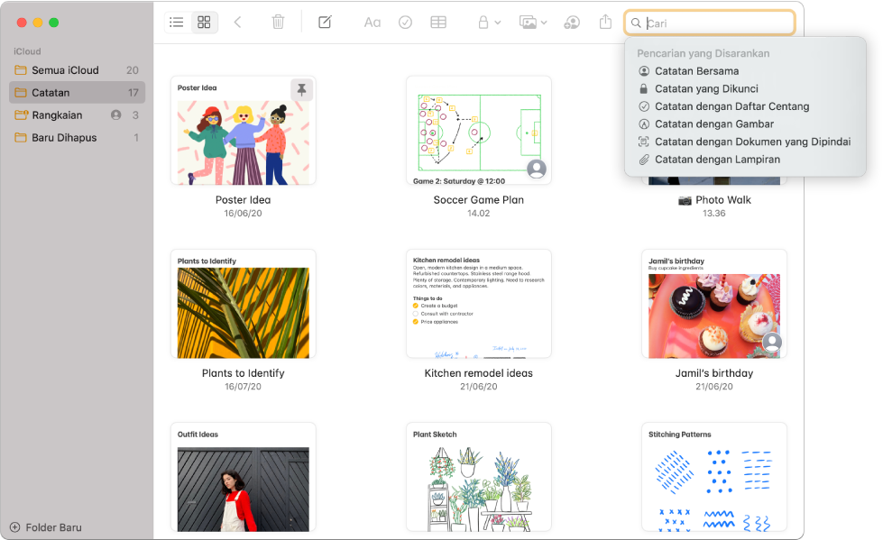 Catatan dalam tampilan galeri—menampilkan masing-masing konten di gambar mini. Pencarian yang disarankan muncul di pojok kanan atas, seperti catatan yang dikunci dan catatan dengan lampiran.