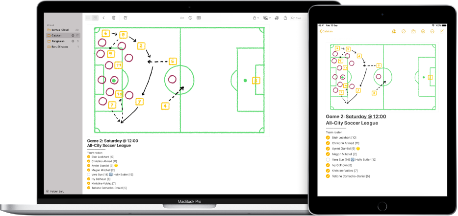 Mac dan iPad menampilkan catatan yang sama dari iCloud.