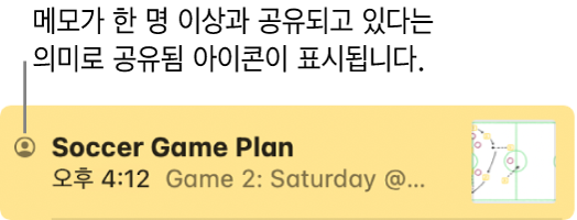 다른 사람들과 공유하고 있고 공유됨 아이콘이 메모 이름 옆에 있는 메모.