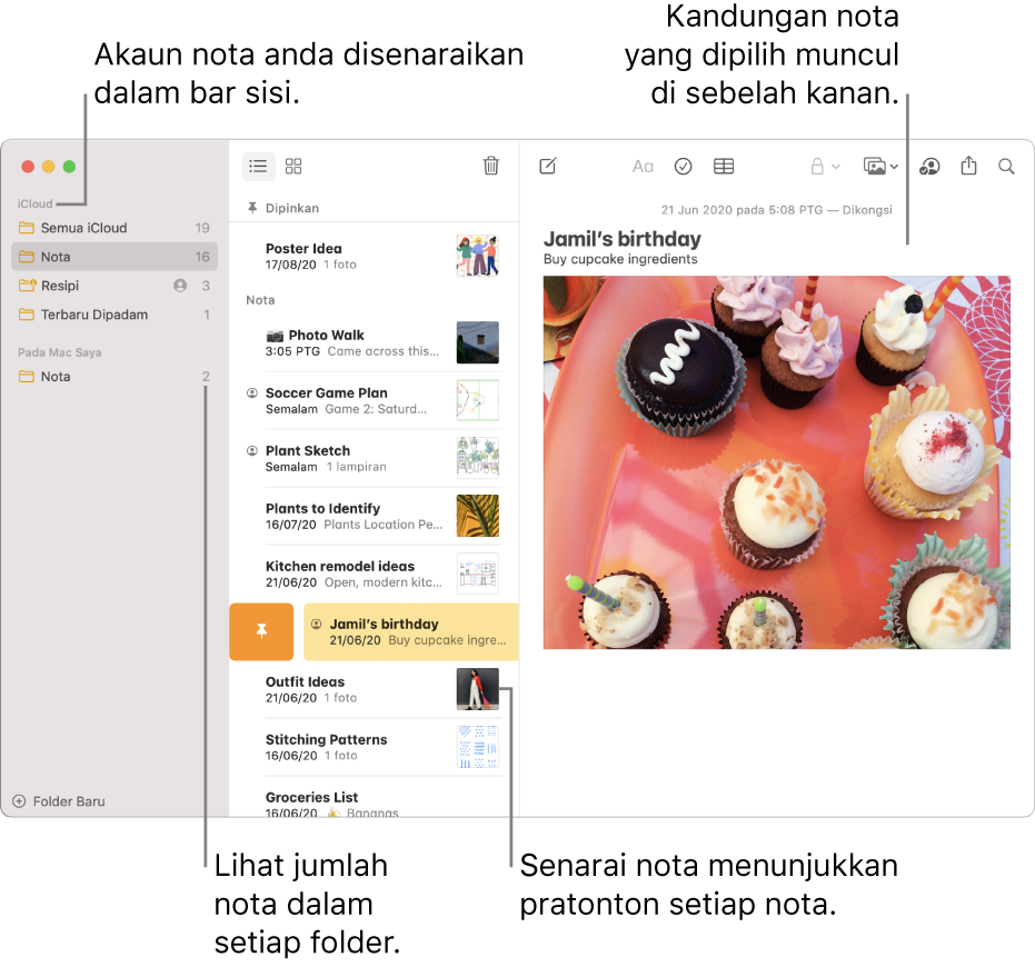 Tetingkap nota dengan semua akaun dan folder dikonfigurasikan anda disenaraikan dalam bar sisi di sebelah kanan, senarai nota di tengah menunjukkan pratonton setiap nota dan kandungan nota dipilih muncul di sebelah kanan. Bilangan nota yang muncul di sebelah setiap folder.