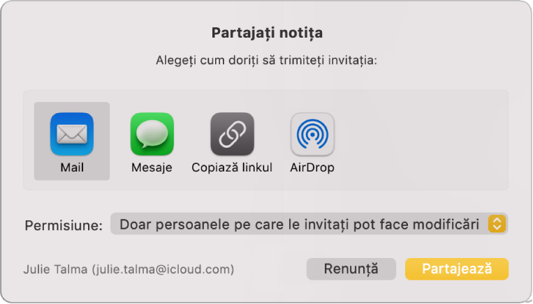 Dialogul de partajare a notiței, în care puteți selecta modul în care trimiteți invitația de a partaja o notiță.