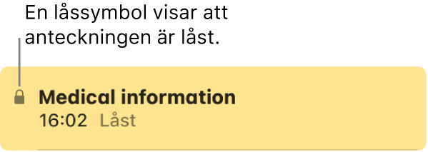 Låst anteckning med en låssymbol längst till vänster.