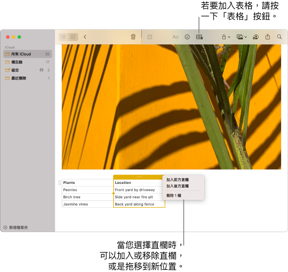 「備忘錄」視窗顯示「表格」按鈕，按一下它來加入表格。在備忘錄內容中已選取一個表格直欄，您可加入或移除直欄或將其拖移至新的位置。