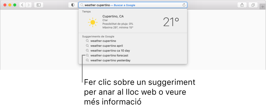 Les paraules “temps barcelona” escrites al camp de cerca intel·ligent i els resultats dels suggeriments del Safari.