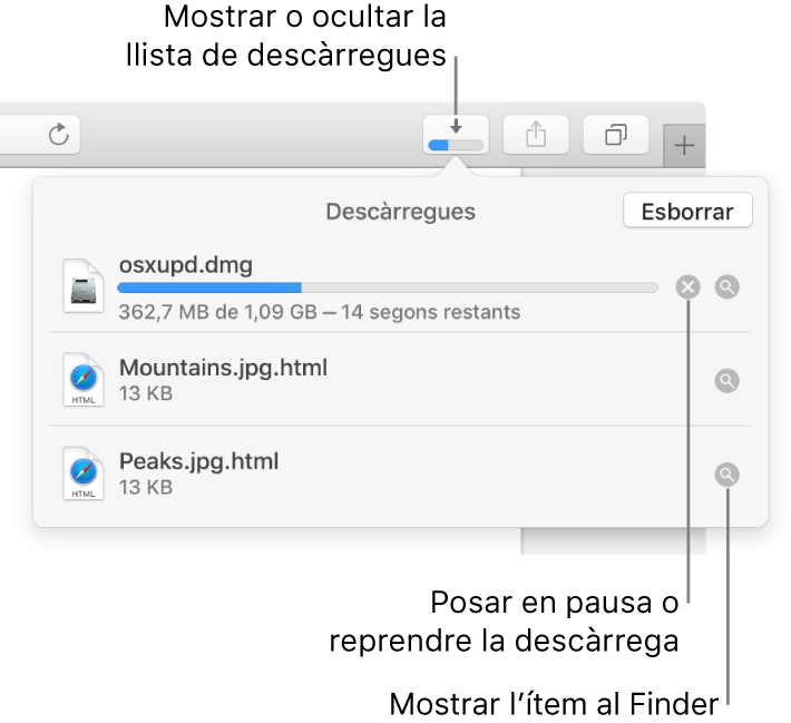 El botó Descàrregues a la barra d’eines, amb la llista de descàrregues a sota.