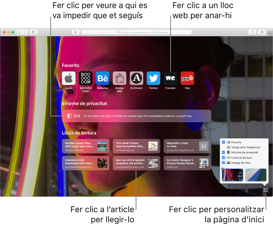 La pàgina principal del Safari, on es mostren els llocs web favorits, un resum de l’informe de privacitat, els articles de la llista de lectura i les opcions de la pàgina principal.