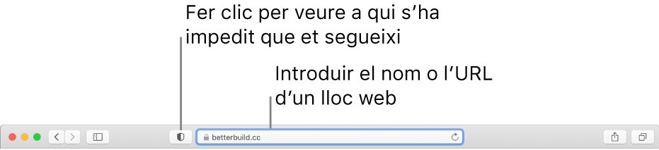 La barra d’eines del Safari, on es mostra el botó de l’informe de privacitat i un lloc web al camp de cerca intel·ligent.