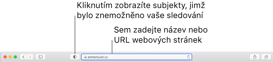 Panel nástrojů Safari, na němž je vidět tlačítko Zpráva o soukromí a v dynamickém vyhledávacím poli je vložena adresa webových stránek