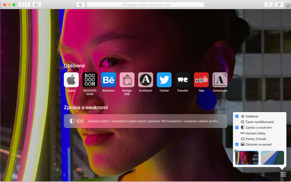 Úvodní stránka Safari, na níž jsou vidět oblíbené webové stránky, přehled Zpráva o soukromí a také volby úvodní stránky